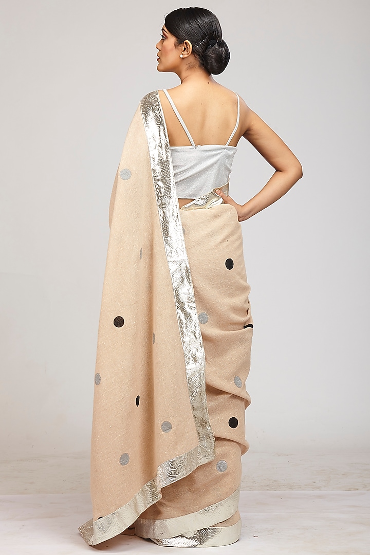 Brown Jute Polka Dot Hand Block Printed Festive Saree Set by Anita kanwal studio at Pernia's Pop Up Shop