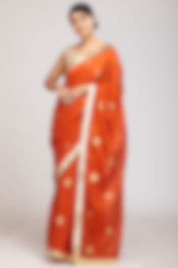 Rust Red Foil Printed Saree Set by Anita kanwal studio