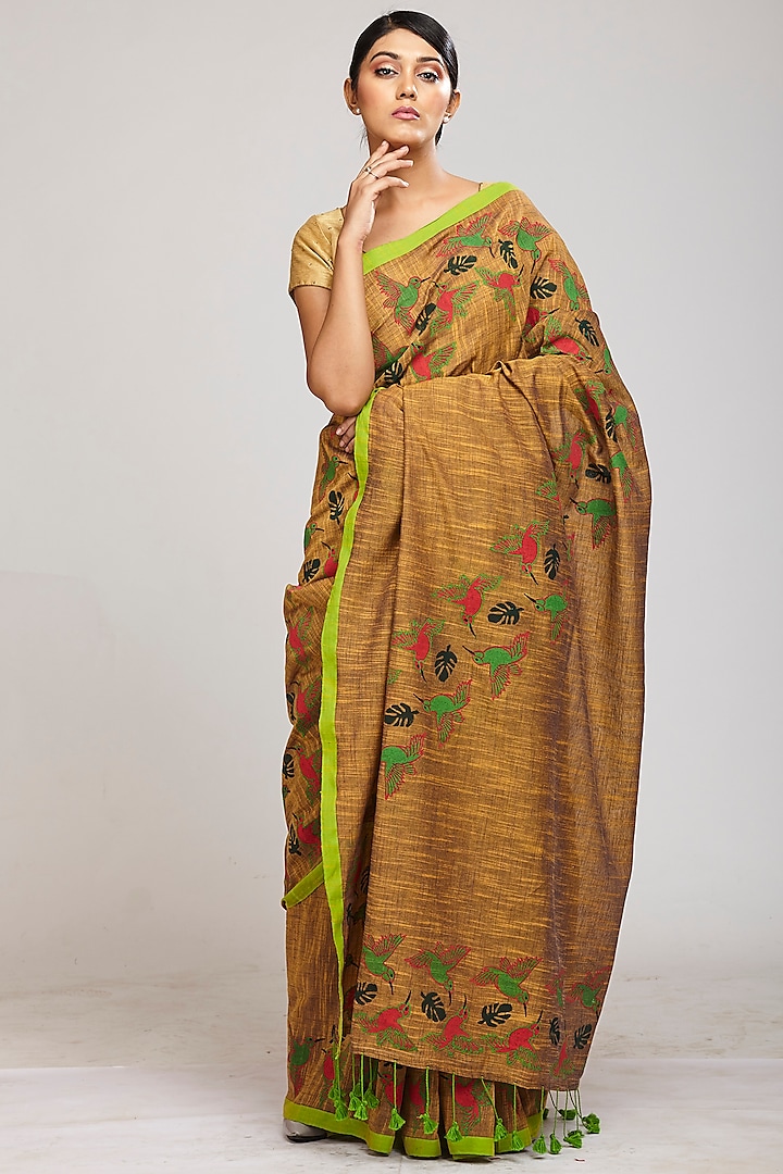 Brown Hand Block Printed Motifs Saree Set by Anita kanwal studio