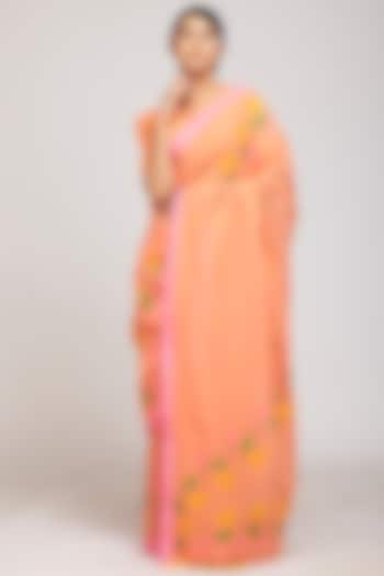 Peach Hand Block Printed Motifs Saree Set by Anita kanwal studio