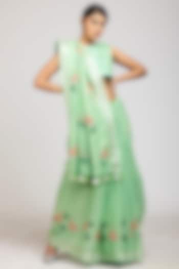 Aqua Green Printed Saree Set by Anita kanwal studio