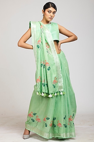 Aqua Green Cotton Linen Printed Saree Set by Anita kanwal studio