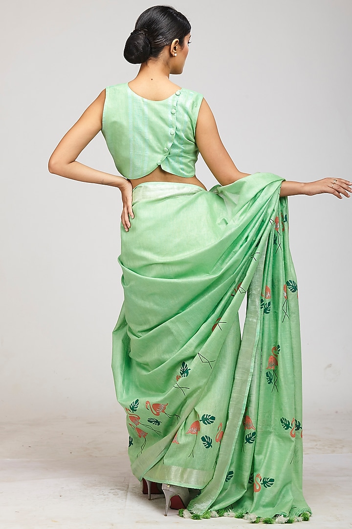 Aqua Green Cotton Linen Printed Festive Saree Set by Anita kanwal studio at Pernia's Pop Up Shop