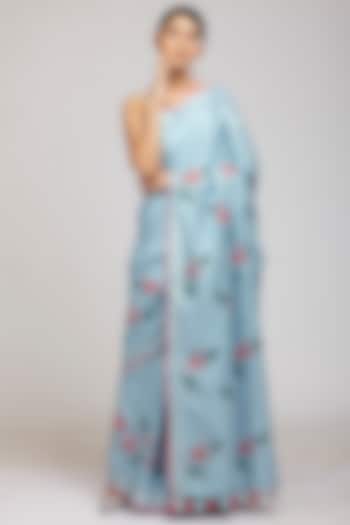 Powder Blue Cotton Linen Hand Block Printed Saree Set by Anita kanwal studio