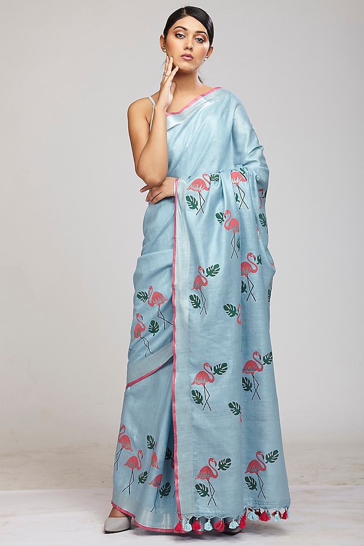 Powder Blue Cotton Linen Hand Block Printed Saree Set by Anita kanwal studio
