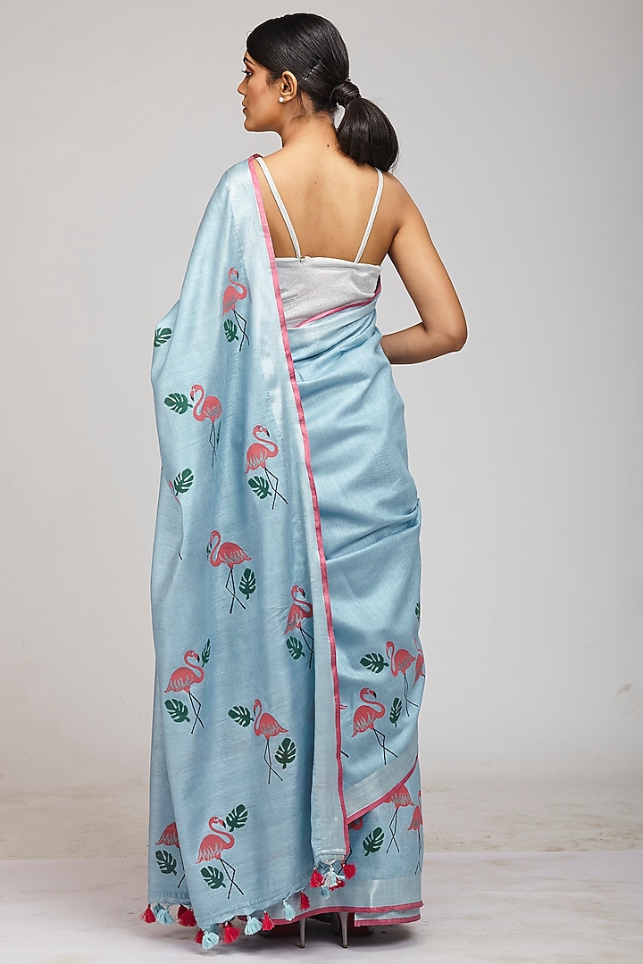 Powder Blue Cotton Linen Hand Block Printed Festive Saree Set by Anita kanwal studio at Pernia's Pop Up Shop