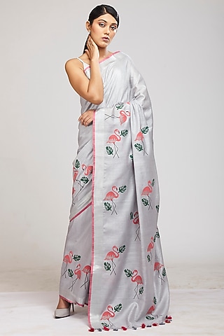 Ice Grey Hand Block Printed Saree Set by Anita kanwal studio