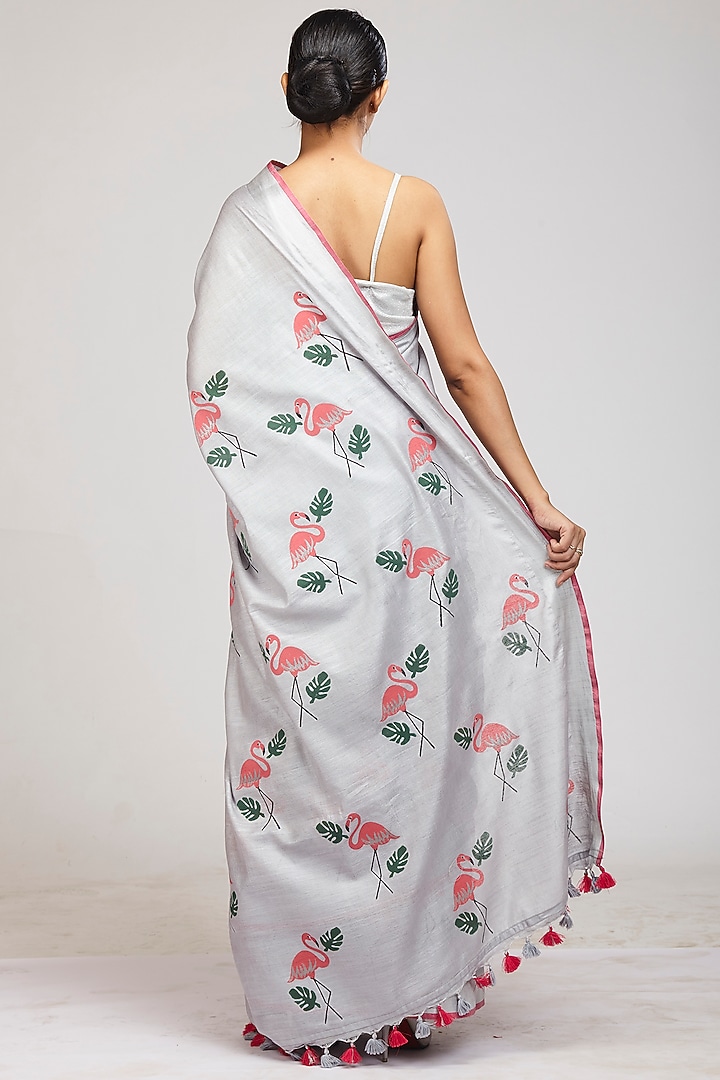 Ice Grey Hand Block Printed Festive Saree Set by Anita kanwal studio at Pernia's Pop Up Shop