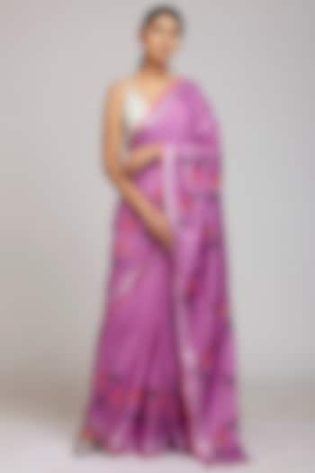 Mauve Cotton Linen Hand Block Printed Saree Set by Anita kanwal studio at Pernia's Pop Up Shop