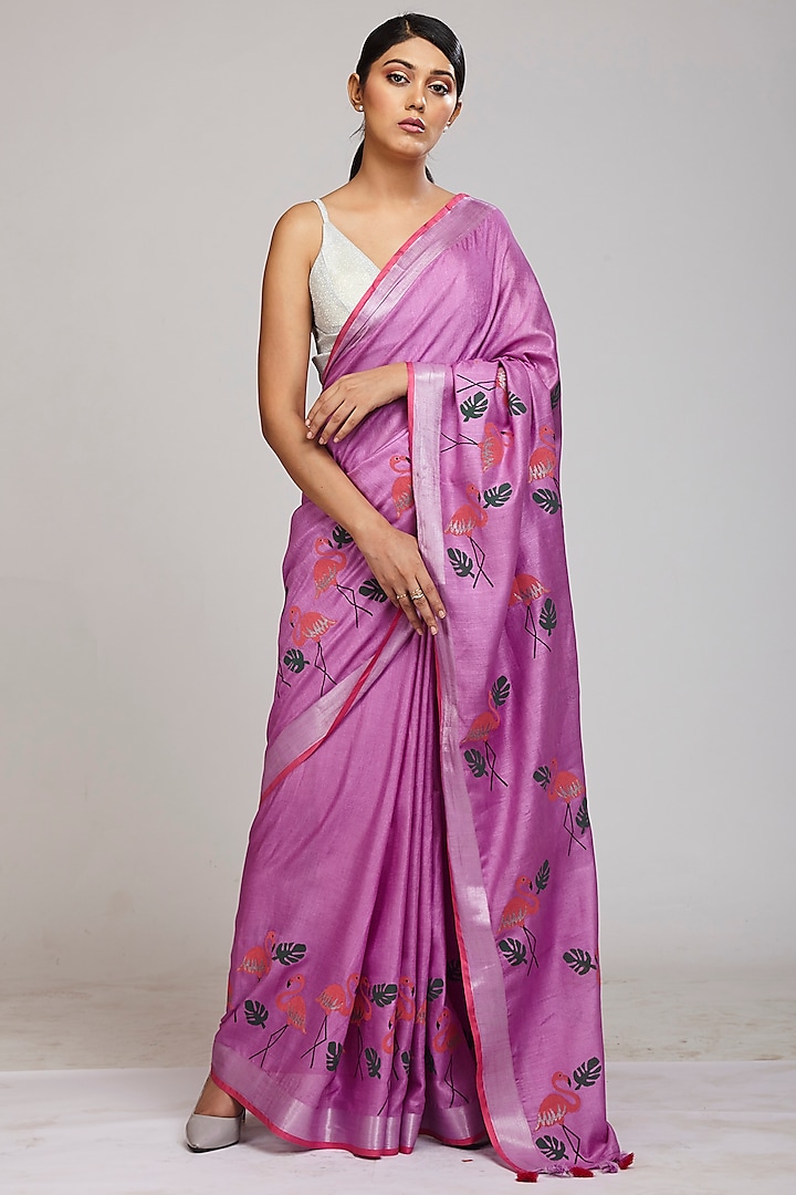 Mauve Cotton Linen Hand Block Printed Saree Set by Anita kanwal studio at Pernia's Pop Up Shop