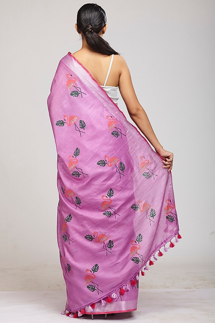 Mauve Cotton Linen Hand Block Printed Festive Saree Set by Anita kanwal studio at Pernia's Pop Up Shop