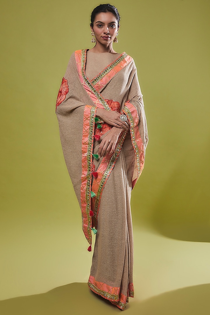 Beige Jute Embroidered Saree Set by Anita kanwal studio