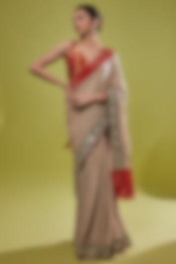 Beige Jute Embellished Saree Set by Anita kanwal studio