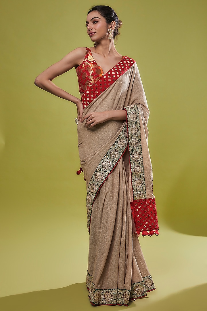 Beige Jute Embellished Saree Set by Anita kanwal studio