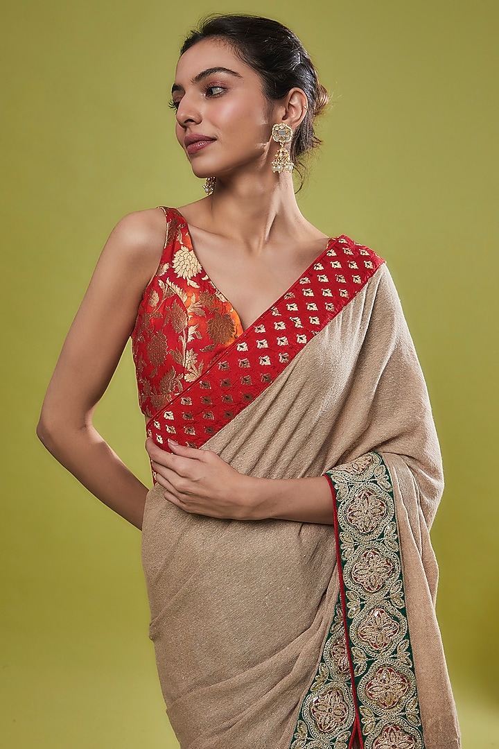 Beige Jute Embellished Party Wear Saree Set by Anita kanwal studio at Pernia's Pop Up Shop