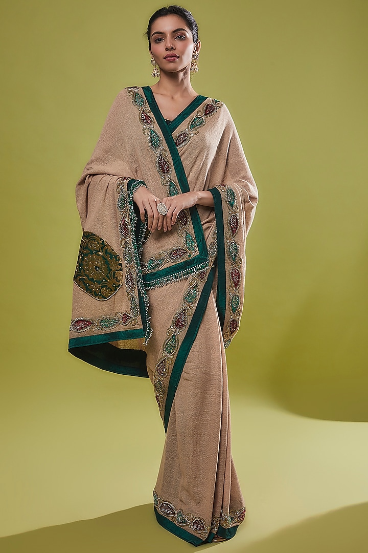 Beige Jute Embroidered Saree Set by Anita kanwal studio