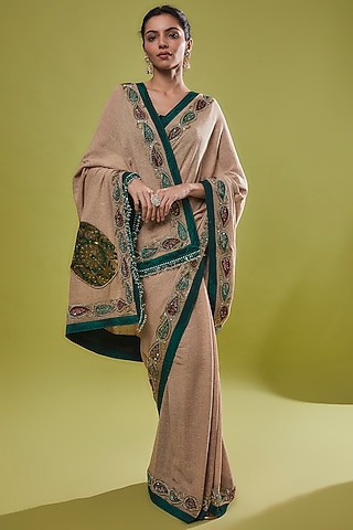 Beige Jute Embroidered Saree Set by Anita kanwal studio