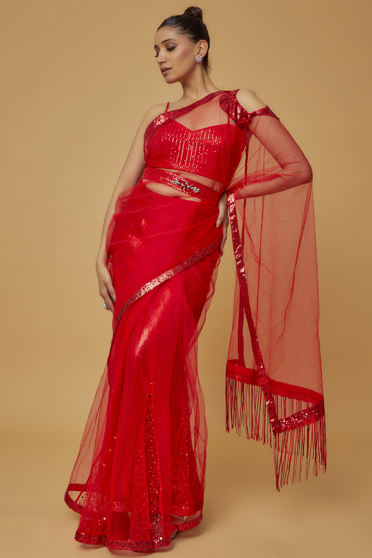 Red Net Kalidar Saree Set by Anita kanwal studio at Pernia's Pop Up Shop