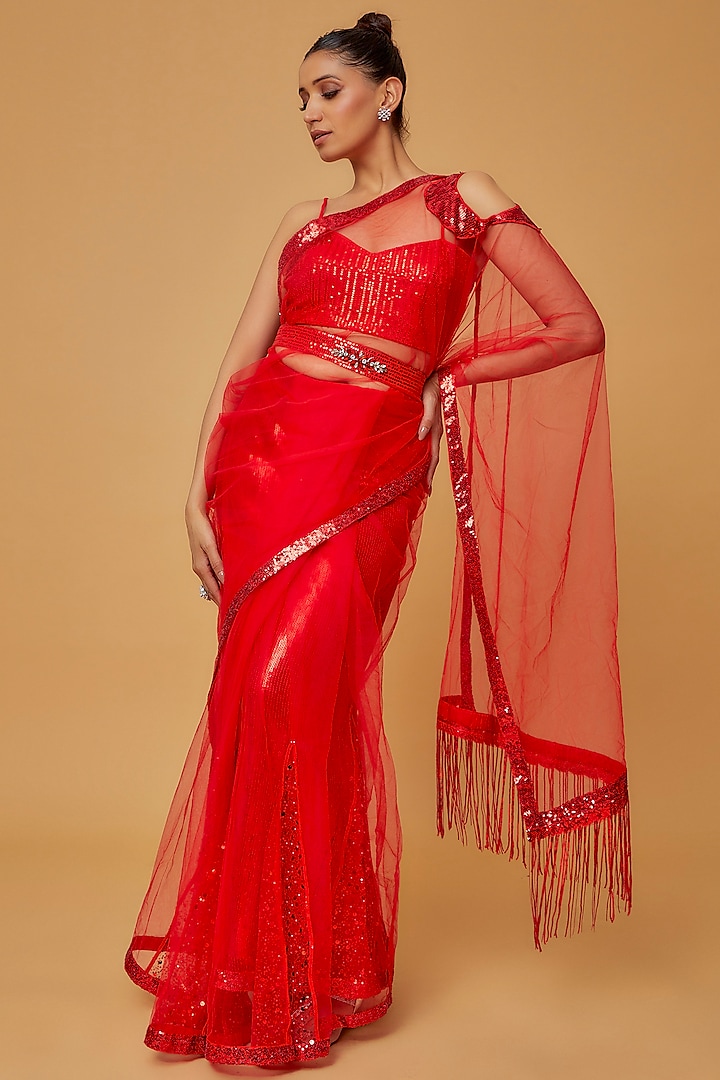 Red Net Kalidar Saree Set by Anita kanwal studio