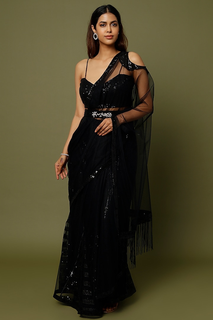 Black Net Kalidar Cold Shoulder Readymade Saree Set by Anita kanwal studio