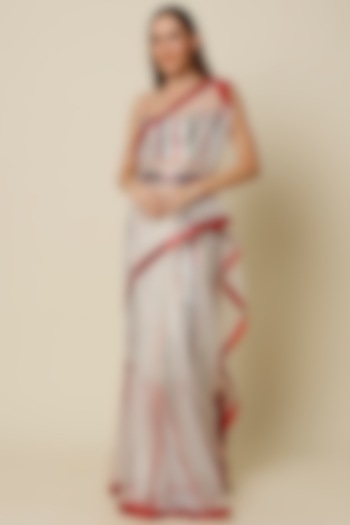White Net Kalidar Cold Shoulder Ready Made Saree Set With Red Border by Anita kanwal studio
