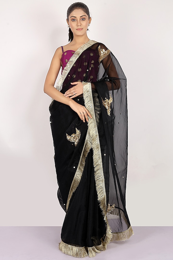 Black Pure Organza Sequins Embroidered Saree Set by Anita kanwal studio