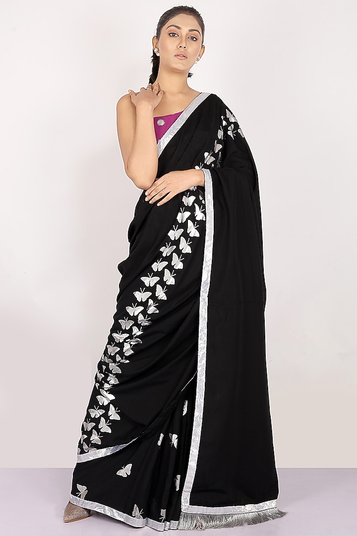 Black & Silver Foil Printed Saree Set by Anita kanwal studio at Pernia's Pop Up Shop