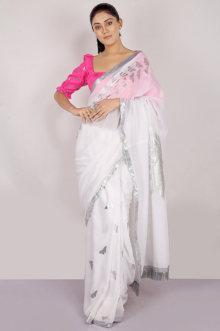 White & Silver Foil Printed Saree Set by Anita kanwal studio