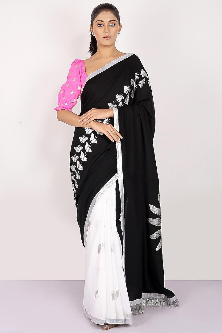 Black & White Foil Printed Saree Set by Anita kanwal studio at Pernia's Pop Up Shop