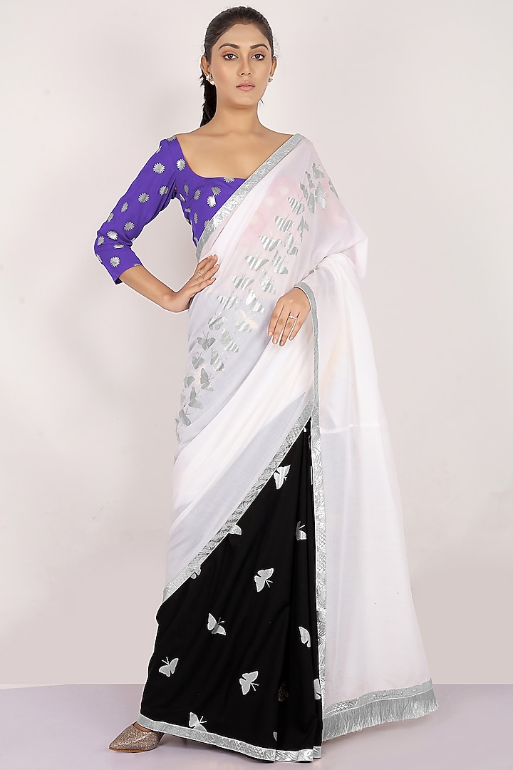 White & Black Printed Saree Set by Anita kanwal studio at Pernia's Pop Up Shop