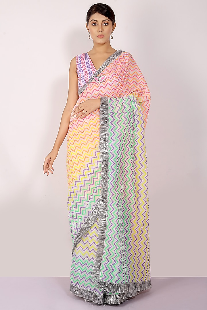 Multi-Colored Mulmul Cotton Block Printed Saree Set by Anita kanwal studio