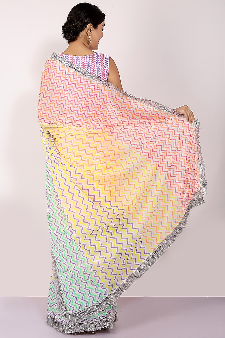 Multi-Colored Mulmul Cotton Block Printed Festive Saree Set by Anita kanwal studio at Pernia's Pop Up Shop