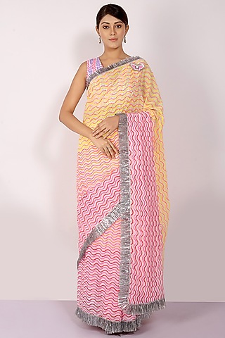 Pink & Yellow Mulmul Cotton Hand Block Printed Saree Set

 by Anita kanwal studio