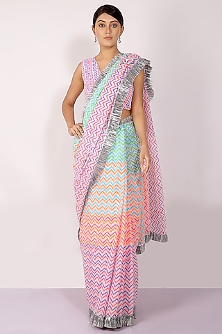 Multi-Colored Mulmul Cotton Block Printed Saree Set by Anita kanwal studio
