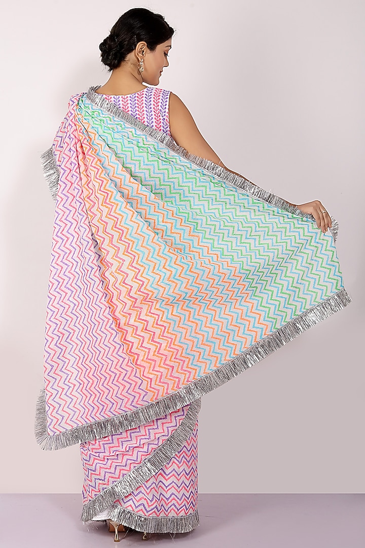 Multi-Colored Mulmul Cotton Block Printed Festive Saree Set by Anita kanwal studio at Pernia's Pop Up Shop
