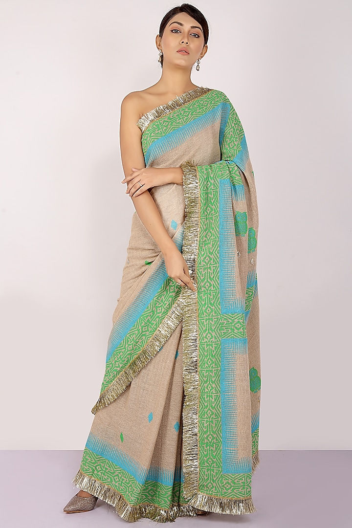 Green & Nude Handloom Jute Cotton Block Printed Saree Set by Anita kanwal studio