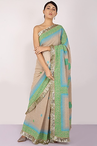 Green & Nude Handloom Jute Cotton Block Printed Saree Set by Anita kanwal studio
