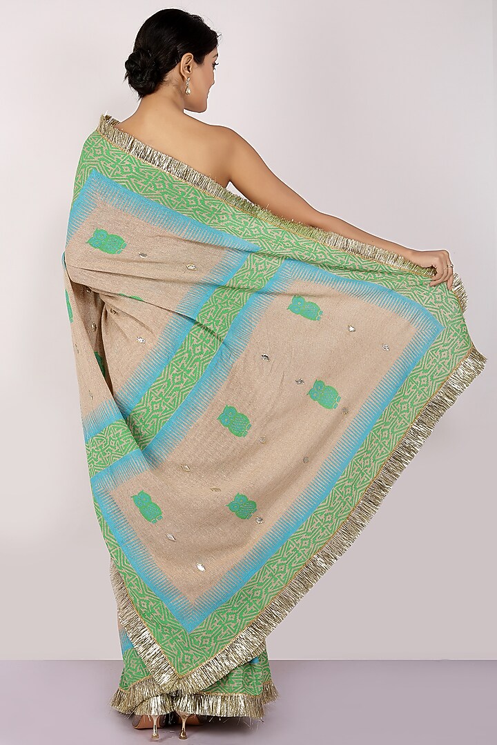 Green & Nude Handloom Jute Cotton Block Printed Festive Saree Set by Anita kanwal studio at Pernia's Pop Up Shop