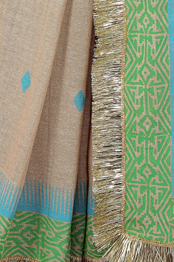 Green & Nude Handloom Jute Cotton Block Printed Festive Saree Set by Anita kanwal studio at Pernia's Pop Up Shop