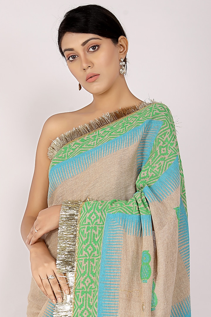 Green & Nude Handloom Jute Cotton Block Printed Festive Saree Set by Anita kanwal studio at Pernia's Pop Up Shop