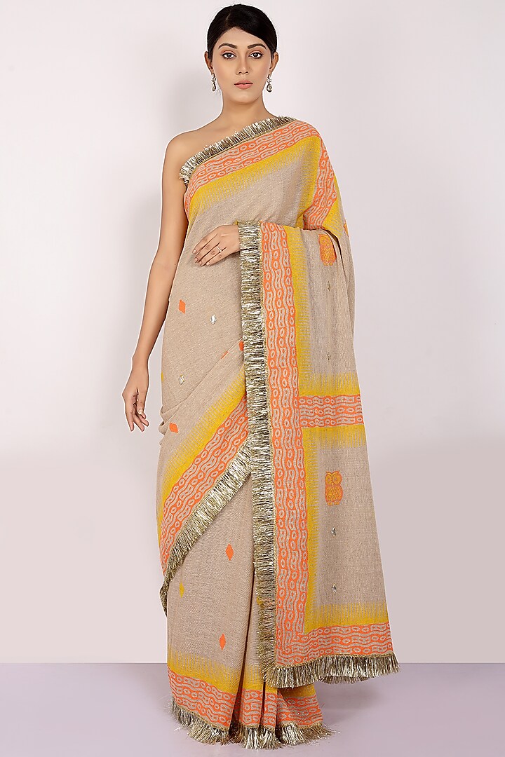 Orange & Nude Handloom Jute Cotton Hand Block Printed Saree Set by Anita kanwal studio