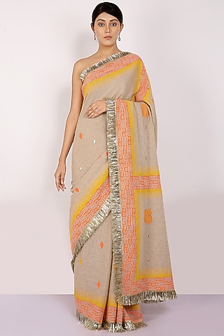 Orange & Nude Handloom Jute Cotton Hand Block Printed Saree Set by Anita kanwal studio