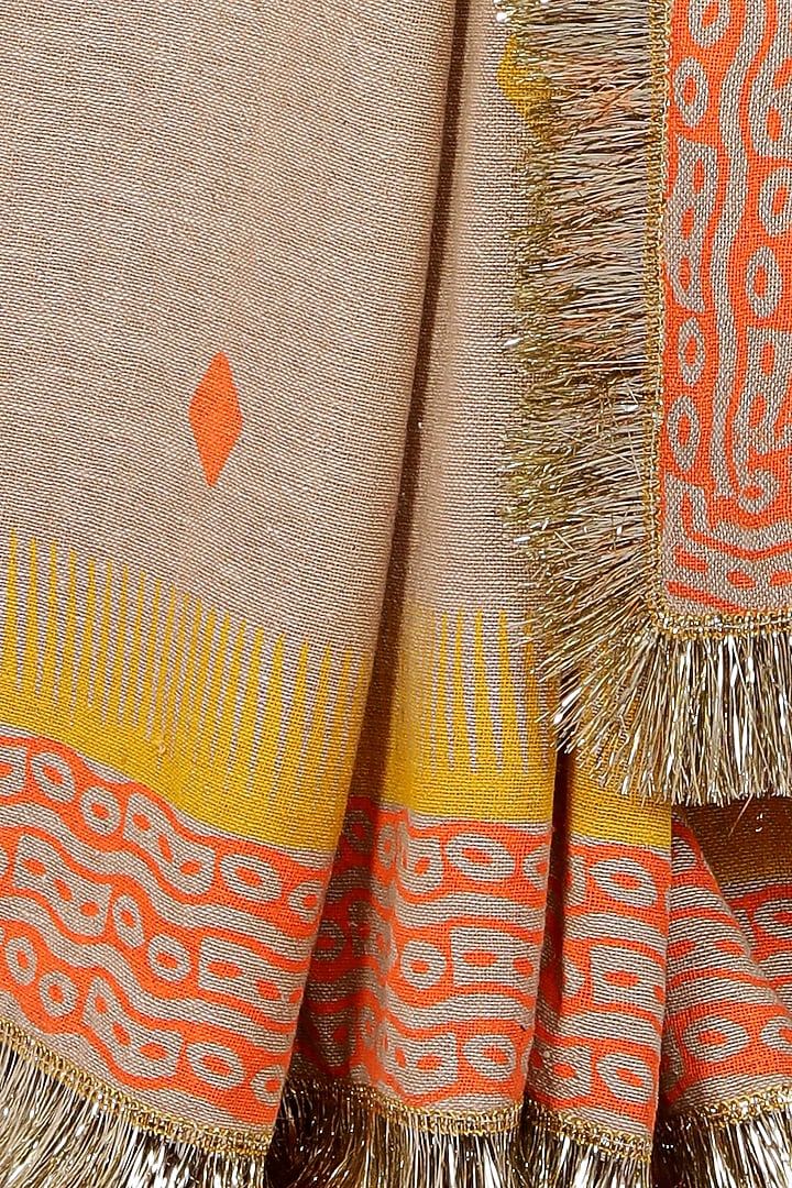 Orange & Nude Handloom Jute Cotton Hand Block Printed Festive Saree Set by Anita kanwal studio at Pernia's Pop Up Shop