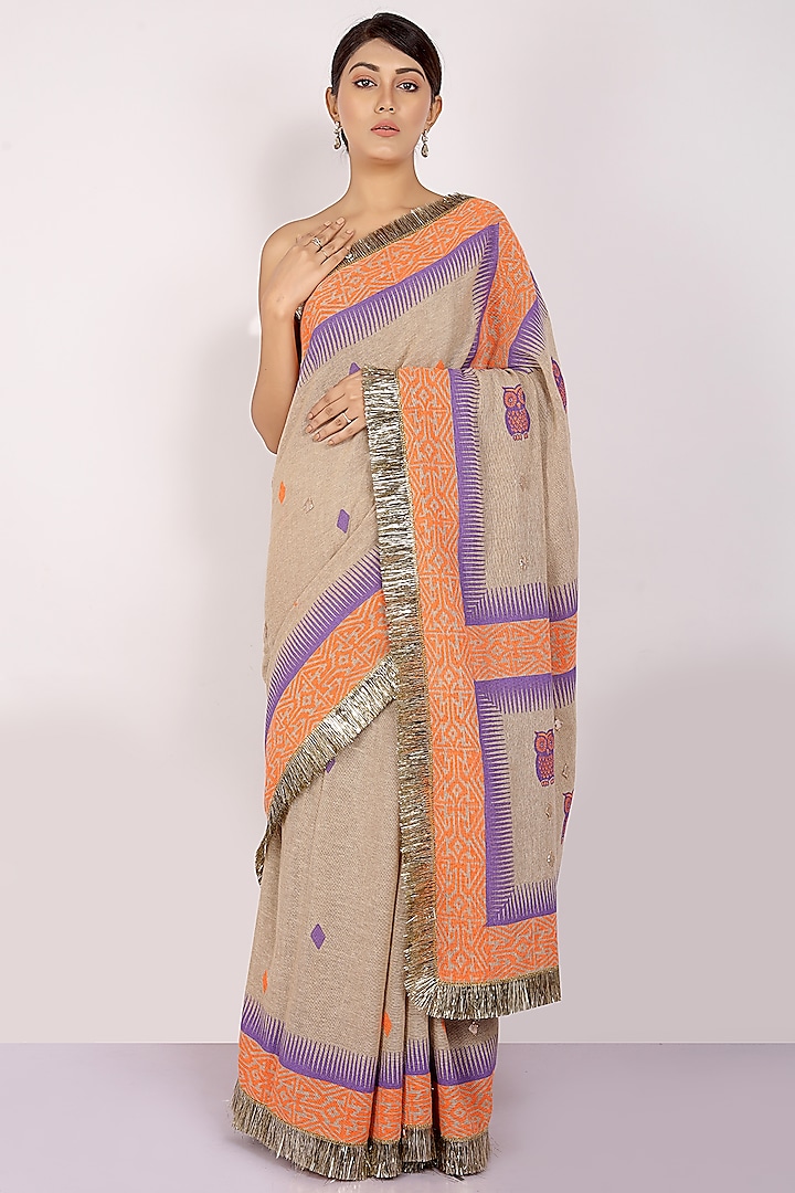 Purple & Nude Handloom Jute Cotton Hand Block Printed Saree Set by Anita kanwal studio