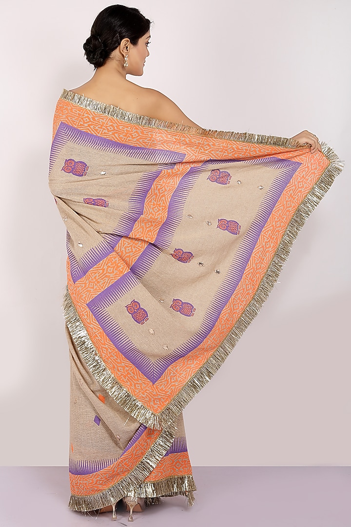 Purple & Nude Handloom Jute Cotton Hand Block Printed Festive Saree Set by Anita kanwal studio at Pernia's Pop Up Shop