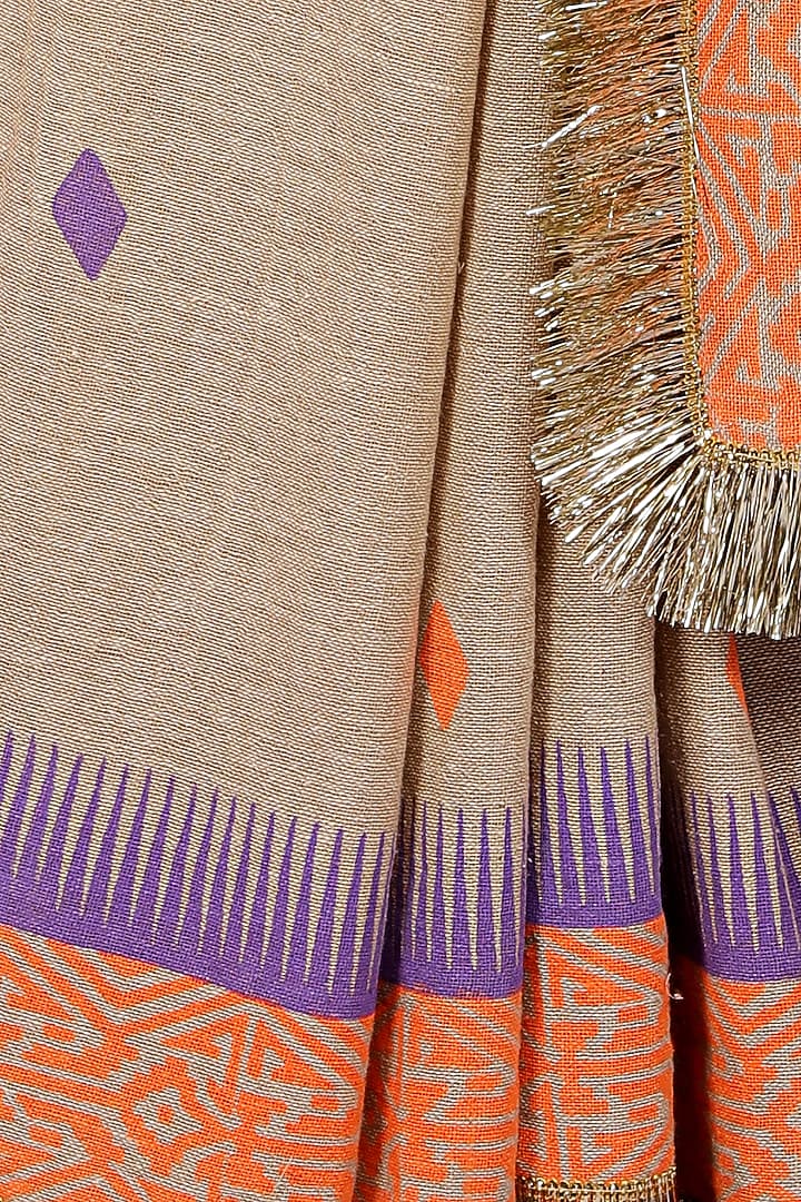Purple & Nude Handloom Jute Cotton Hand Block Printed Festive Saree Set by Anita kanwal studio at Pernia's Pop Up Shop