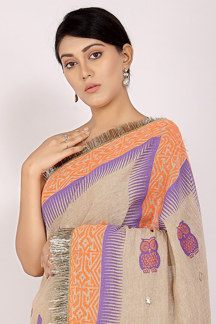 Purple & Nude Handloom Jute Cotton Hand Block Printed Festive Saree Set by Anita kanwal studio at Pernia's Pop Up Shop