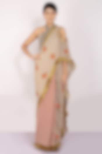 Red & Orange Handloom Jute Cotton Hand Block Printed Concept Saree Set by Anita kanwal studio