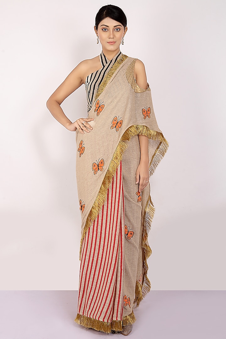 Red & Orange Handloom Jute Cotton Hand Block Printed Concept Saree Set by Anita kanwal studio