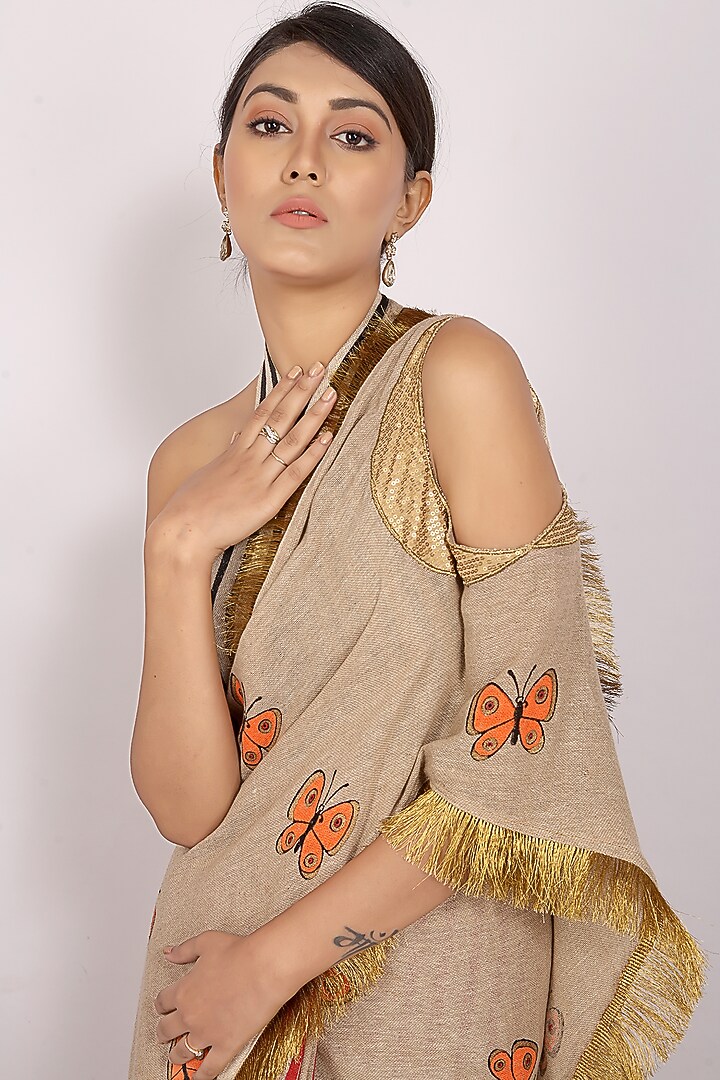 Red & Orange Handloom Jute Cotton Hand Block Printed Concept Festive Saree Set by Anita kanwal studio at Pernia's Pop Up Shop